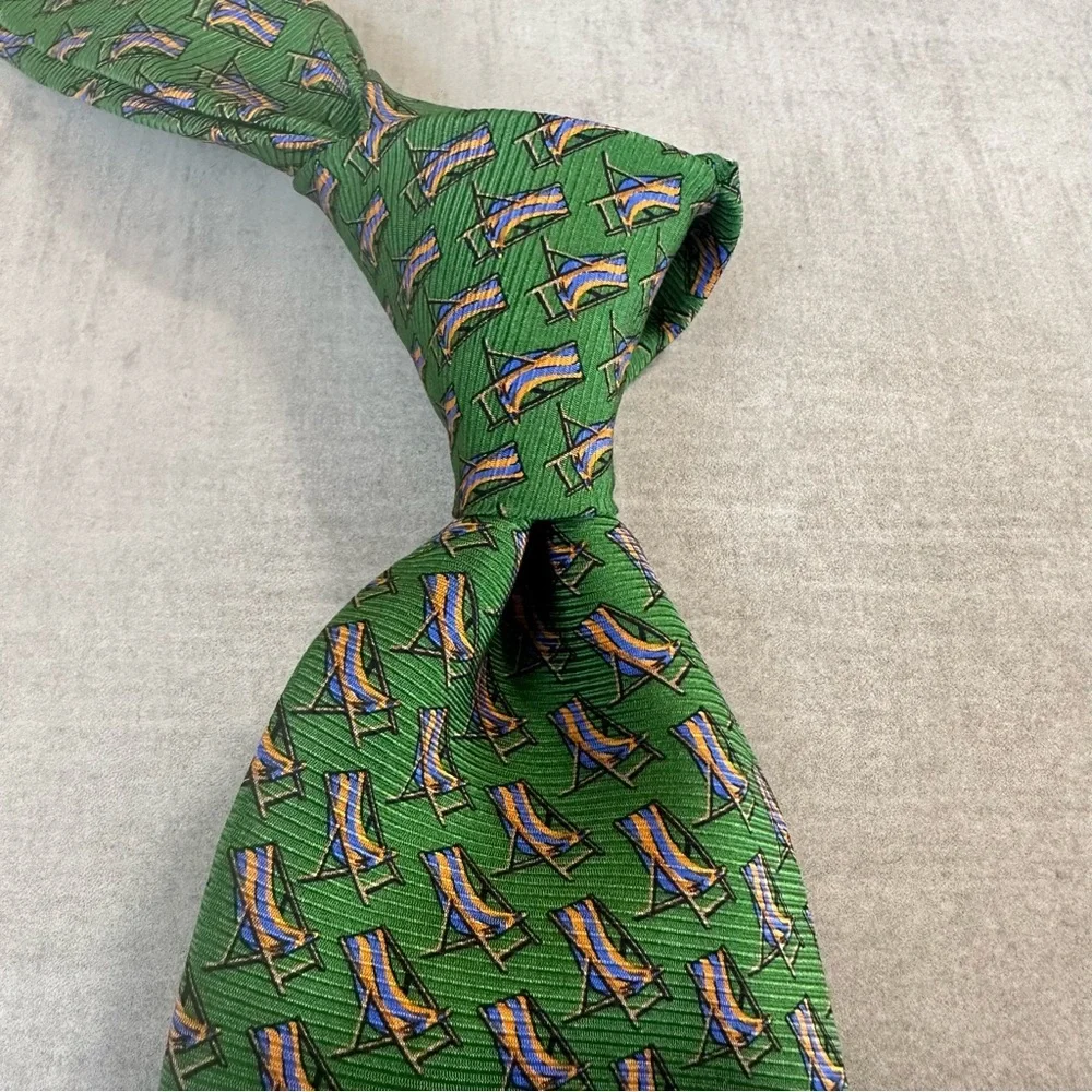 Ralph Lauren “Beach Chairs” Green & Orange Silk Tie